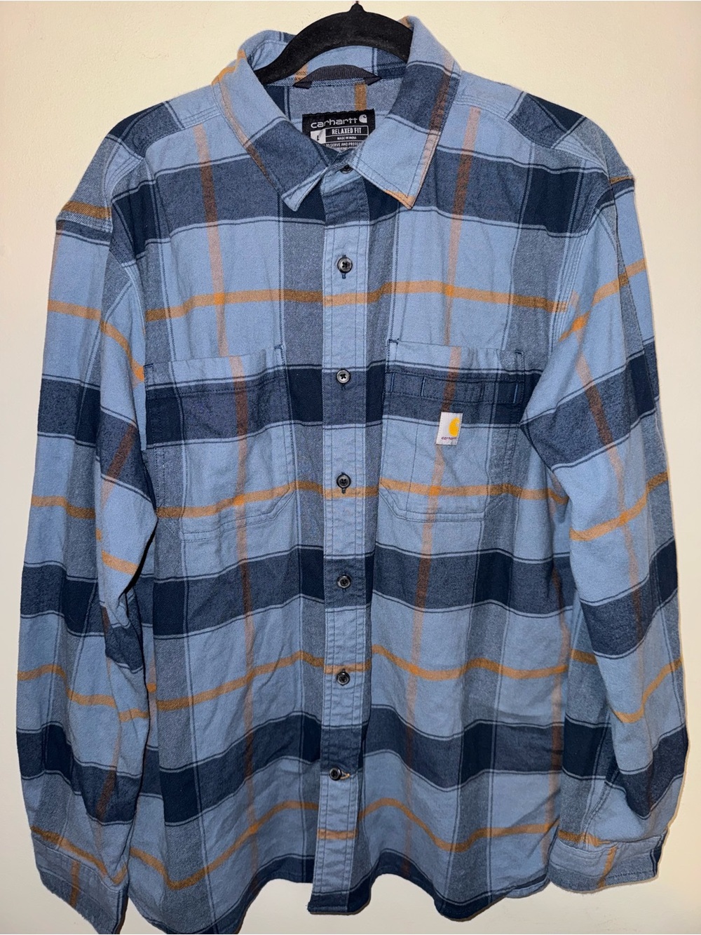 Carhartt Light Blue and Navy Plaid Button-Up Shirt with Tan Stripes Sz L